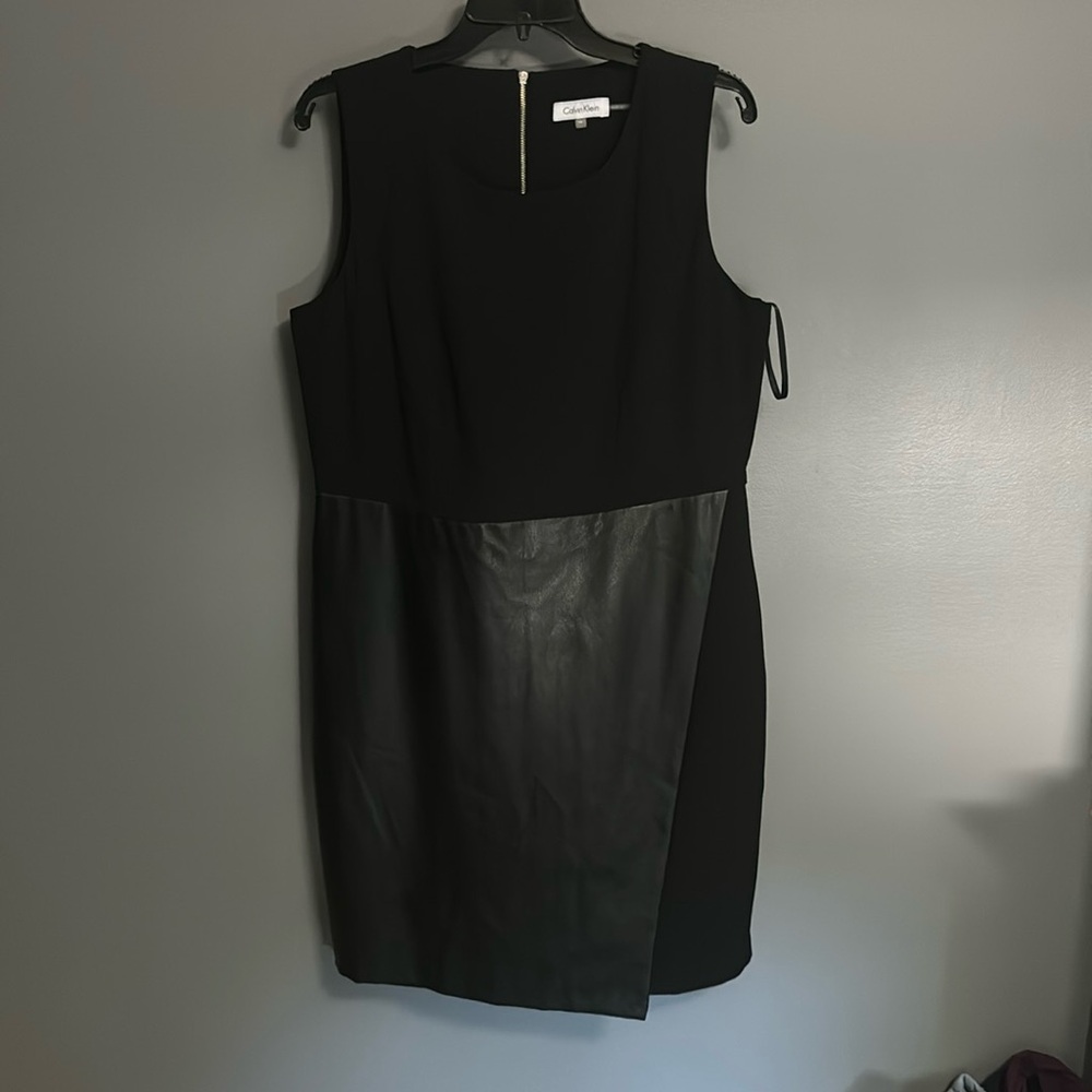 Black sheath dress with faux leather detail